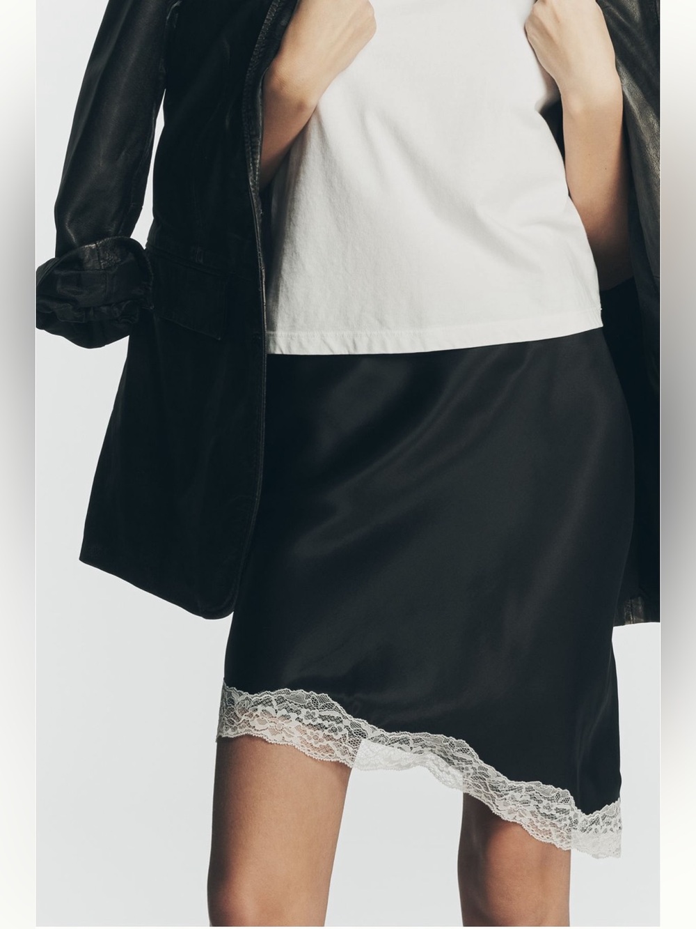 Anthropologie Asymmetrical Lace Satin Slip Mini Skirt Black NWT XL Chic Luxe NEW - Picture 8 of 12